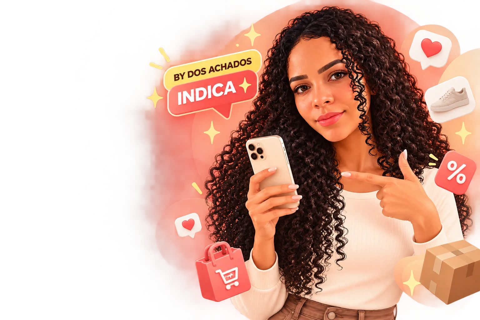 Personagem do By dos Achados segurando o celular, com o selo By dos Achados Indica